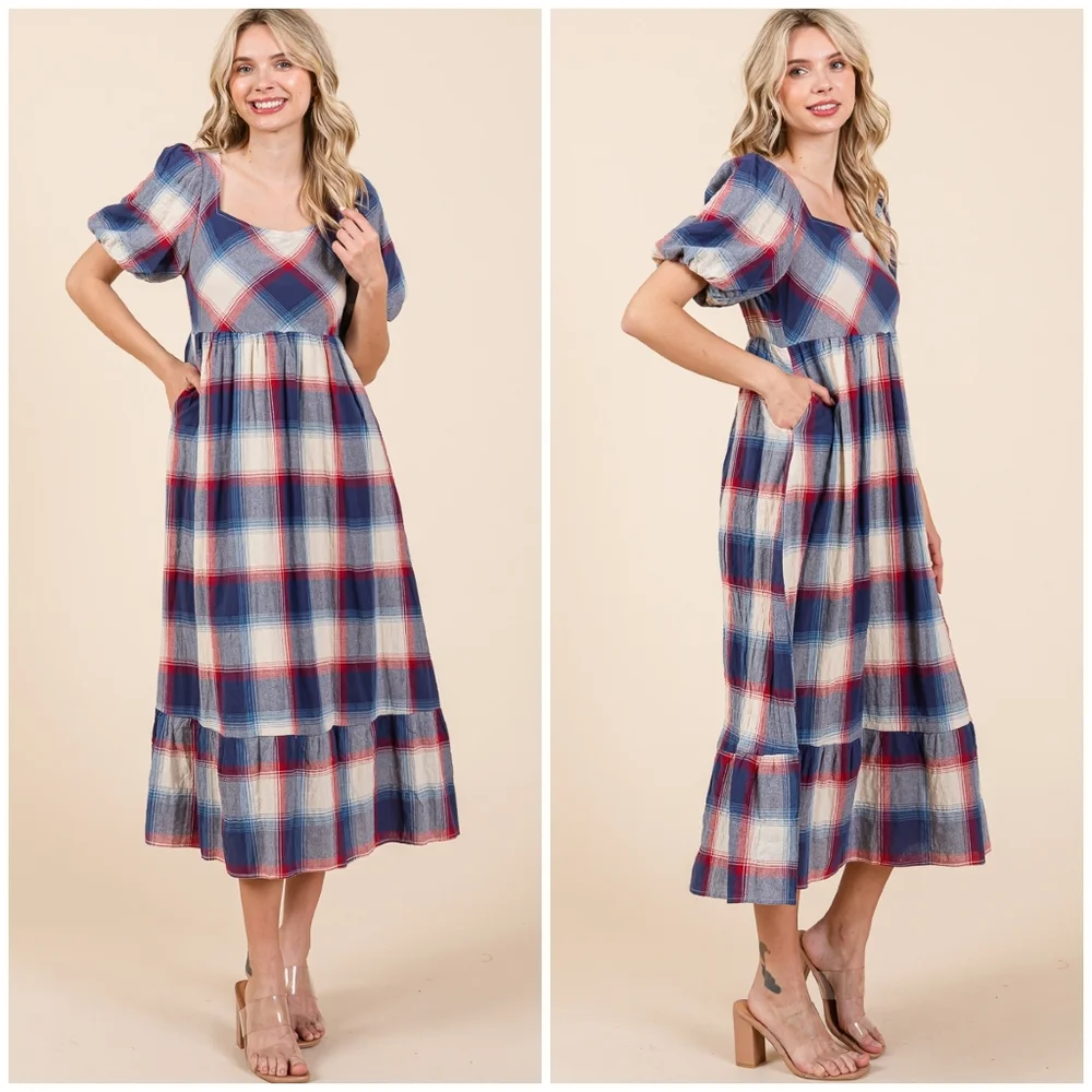 POLAGRAM Plaid Pattern Short Sleeves Midi Dress - Picture 9 of 11